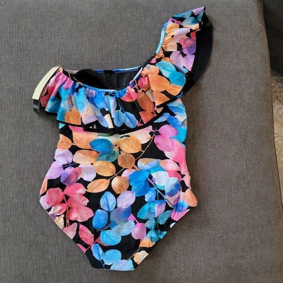 Gottex Woman Color Rush Ruffled One Shoulder black floral One Piece Swimsuit 12 - Picture 13 of 15